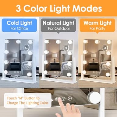 Vanity Mirror with Lights, Hollywood Lighted Makeup Mirror with 3 Color Lighting Modes and 9 Dimmable Bulbs, Detachable 5X Magnification, Smart Touch Control, 360°Rotation, White - Image 2