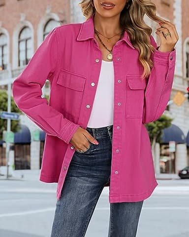 luvamia 2025 Spring Jean Jackets for Women Fashion Oversized Button Down Denim Jacket Western Shacket with Pockets Hot Pink Size Large US Size 12 14 - Image 2