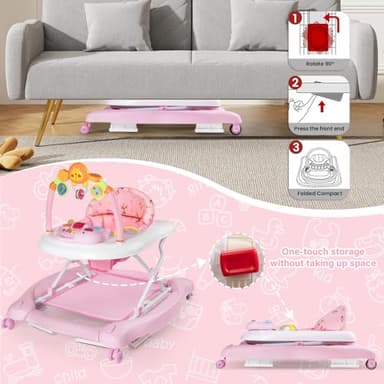 Baby Walker, 5 in 1 Baby Walkers for Boys Girls 6-12 Months, Foldable Walkers for Babies with Bouncer & Feeding Tray, Music, Adjustable Heights, Activity Walker for Infant - Image 8