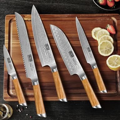 HOSHANHO 5 Pieces Kitchen Knife Sets, Ultra Sharp Professional Damascus Super Steel Chef Knives Sets with Ergonomic Olive Wood Handle, Including Chef, Bread, Santoku, Utility & Paring Knives - Image 2