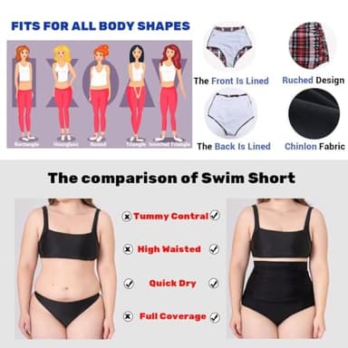 COCOPEAR Women's Ruched High Waisted Bikini Bottom Retro Vintage Swim Short Tankinis Black 2XL - Image 4