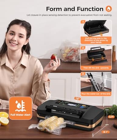 95kpa Vacuum Sealer Machine,Commercial Full Automatic Food Sealer,Powerful Sealing System with Double Heat Seal,Bags Storage,Easy-Lock Handle,Build-in Cutter,1 Bag Rolls and 10 pcs Pre-cut Bags（Black） - Image 5