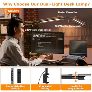 LED Desk Lamp for Home Office, Eye-Caring Desk Light with Adjustable Gooseneck, Dual Screen Computer Monitor Light with Stepless Dimming, Stepless Color Temp, Memory Function for Study, Workbench - Image 4