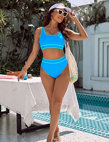 BMJL Women's High Waisted Bikini Sets Sporty Two Piece Swimsuits Color Block Cheeky High Cut Bathing Suits(M,Blue) - Image 8