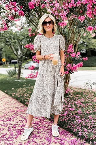 PRETTYGARDEN Summer Dresses for Women 2025 Casual Floral Boho Midi Sun Dress Puff Short Sleeve Flowy Beach Vacation Sundress (Apricot,Large) - Image 4