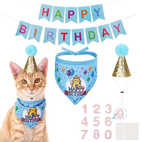 EXPAWLORER Cat Birthday Party Supplies, Cat Birthday Cake Hat & Bandana Scarfs Set, Cute Triangle Scarf with Party Hat and Flag Decorations for Kittens, Small Animals Blue - Image 1
