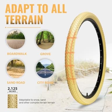 2-Pack Cruiser Bike Tires Set: Hycline 26x2.125 Inch (57-559 mm) Folding Replacement Bicycle Tires and Pair 26-inch Inner Tubes with Tire Levers for Beach or Urban City Commuter Bike-Cream - Image 8