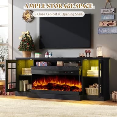 AMERLIFE 75in 3-Sided Glass Fireplace TV Stand with LED Lights for TVs up to 85", Rustic Fireplace Media Entertainment Center Console Cabinet Table with Glass Door Closed Storage, Black - Image 6