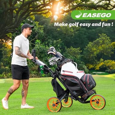 EASEGO Golf Push Cart 3 Wheel : Golf Bag Cart Foldable with Phone/Cup/Umbrella Holder Compact Golf Pull Carts Quick Fold Golf Caddy Push Carts with Large Wheelbase for Different Terrain (orange color) - Image 3