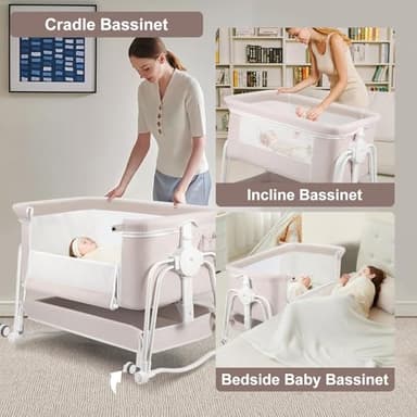 suihuooo 4 in 1 Baby Bassinet Bedside Sleeper, Rocking Baby Crib with Lockable Wheels, Storage, Mosquito Net and Matress Included, 7 Level Adjustable Bedside Bassinet for Baby Newborn(Cream) - Image 3