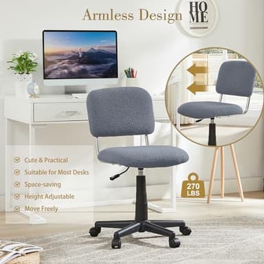VECELO Faux Fur Comfy Height Adjustable Swivel Armless Home Office Sherpa Chair with Wheels, for Bedrooms/Makeup Room/Living Room, Grey - Image 4