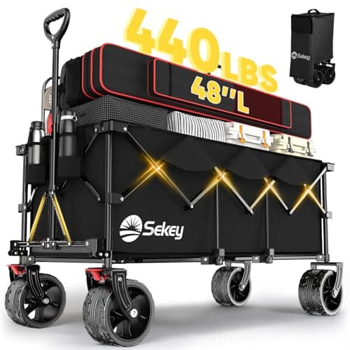 Sekey 48''L Collapsible Foldable Extended Wagon with 440lbs Weight Capacity, Heavy Duty 300L Folding Utility Garden Cart with Big All-Terrain Beach Wheels & Drink Holders. Black - Image 1