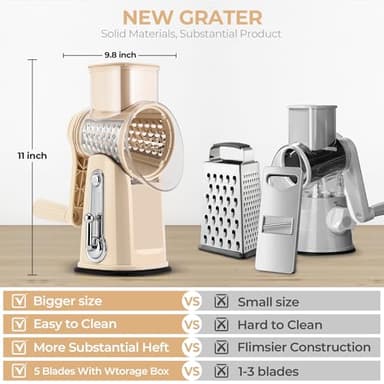 SUSTEAS Rotary Cheese Grater with Handle - Vegetable Shredder with 5 Well-designed Blades & Strong Suction Base,Round Mandoline Slicer & Food Chopper for Kitchen,with Blade Storage Box(Beige) - Image 2