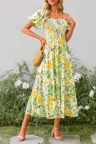 PRETTYGARDEN Women's Casual Summer Midi Dress Puffy Short Sleeve Square Neck Smocked Tiered Ruffle Dresses (Floral Yellow,Large) - Image 6