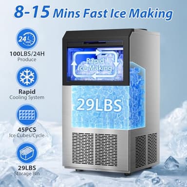Commercial Ice Maker Machine, 100LBS/24H Stainless Steel Under Counter Ice Maker with 45 Ice Cubes, 2 Water Inlet Modes, Self Clean, 24H Timer, Freestanding Ice Machine for Home, Bar, Restraunt, Party - Image 2
