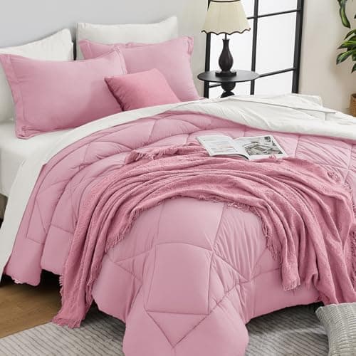 HEVUMYI Queen Comforter Set - 7-Piece All Season Bed in a Bag Queen, Ultra Soft Bedding Set with Comforter, Flat Sheet, Fitted Sheet, Pillowcases, Pillow Shams, Pink & Ivory - Image 1