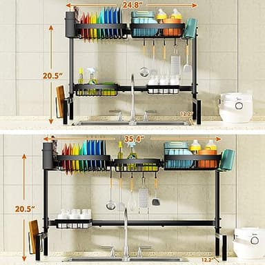 YKLSLH 4 Baskets Over The Sink Dish Drying Rack, Extendable Large Capacity Sink Rack, Metal Drying Rack Saving Space,for Most Sinks (24.8 "-35.4") - Image 3