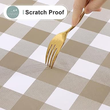 misaya Rectangle Waterproof Vinyl Table Cloth, Buffalo Flannel Backed Tablecloth, Wipeable Plastic Table Cover for Fall, Thanksgiving (52" x 70", Khaki and White) - Image 5