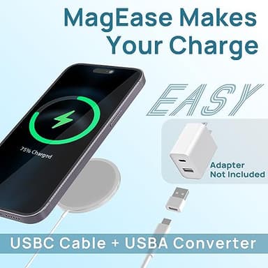 Magnetic Wireless Charger,MagEase 15W Wireless Charger Magnetic Compatible with iPhone 16 15 14 13 12 Series and AirPods 3/2/Pro, Charging Pad with USB-C Cable and USB-A Converter (White) - Image 2