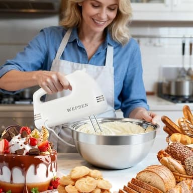 WEPSEN Hand Mixer Electric Mixing Bowls Set, 5 Speeds Handheld Mixer with 4 Nesting Stainless Steel Mixing Bowl, Measuring Cups Spoons 200W Kitchen Blender Whisk Beater Baking Supplies For Beginner - Image 5