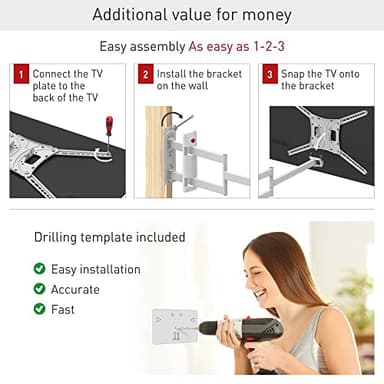 Barkan Long White TV Wall Mount, 13 - 80 inch Full Motion Articulating - 4 Movement Flat / Curved Screen Bracket, Holds up to 110lbs - Image 4