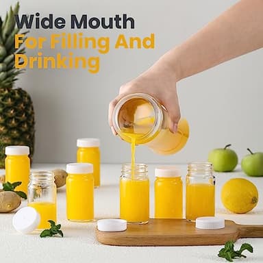 30 Pack 2 oz Glass Shot Bottles w/ White Lids & 30 Labels - Small Clear Jar for Ginger, Wellness Shot, Juice, Sample, Whiskey - Travel Essentials Mini Bottles - Wide Mouth, Leakproof, Dishwasher Safe - Image 2
