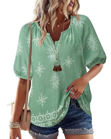 Unixseque Blouses for Women Casual: Womens Shirts Dressy Casual - Boho Tops for Women - V Neck Short Sleeve Shirts 2025 Travel Cute Top Summer Clothes Ladies Tops Green Floral - Image 2