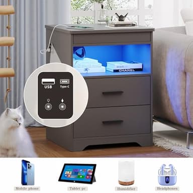 Night Stand Set of 2, Charging Bedside Table with USB & Type-C Port, LED Night Stand with Human Sensor Light, Modern End Table with Gun Drawers for Bedroom Office, Grey - Image 6