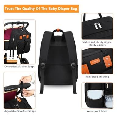 Diaper Bag Backpack, Large Capacity Baby Diaper Backpack with Tons of Pockets, Built-in Stroller Straps, Multi function Waterproof Diaper Bag (Black) - Image 5