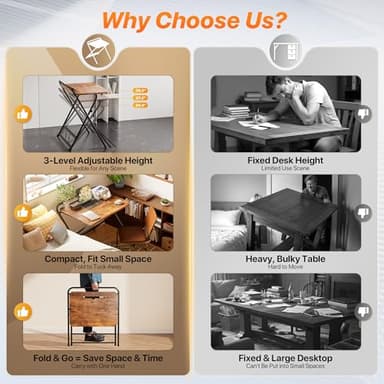 Huuger Folding Desk with 3-Level Adjustable Height and Tablet Slot, 24 Inch Foldable Computer Desk for Small Spaces, Space Saving, Writing Work Table for Home Office, Bedroom, Study, Rustic Brown - Image 6