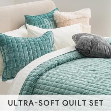RECYCO Luxury Velvet Quilt Set Full Queen Size, Lightweight Velvet Comforter Set, Oversized Bedspread Coverlet Quilted Bedding Set, with 2 Matching Pillow Shams, for All Season, Aqua Green - Image 5
