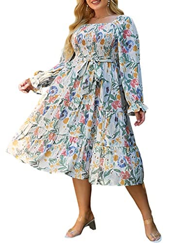 Amegoya Women's Bohemian Plus Size Spring Floral Midi Dress Long Sleeve Smocked Square Neck Dress X-Large Print - Image 1