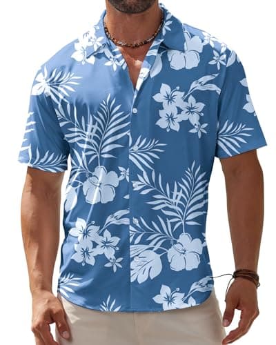 BOJIN Men's Hawaiian Wrinkle Free Short Sleeve Button Down Tropical Floral Beach Vacation Shirt White Flower Blue 2X - Image 1
