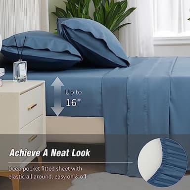DOWNCOOL Queen Sheet Set - 100% Cotton Sheets Queen Size Set, 400 Thread Count Sateen, 16" Deep Pocket Queen Sheets, Silky Soft & Breathable Bed Sheets, 4-Piece Hotel Luxury Cotton Sheet Set, Blue - Image 5