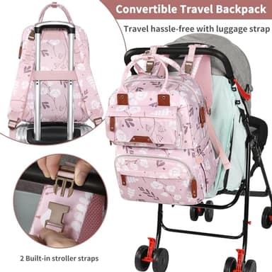 Diaper Bag Backpack for Baby Girl, Multifunction Waterproof Diaper Bag for Mom Dad, Large Pink Floral Baby Diaper Bags, Baby Essentials Travel Bag with Stroller Straps, Large Capacity, Stylish - Image 5