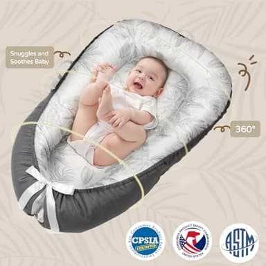 Baby Lounger - Babies Nest for Newborn, Breathable & Soft Organic Cotton Lounger, Portable Baby Lounger for Home & Travel, Ideal Newborn Essentials, Grey Leaves - Image 2