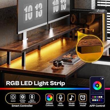 Huuger Reversible L Shaped Computer Desk with Drawers, Gaming Desk with LED Lights and Power Outlets, Office Desk with Storage, Monitor Stand, for Home & Office, Rustic Brown - Image 5