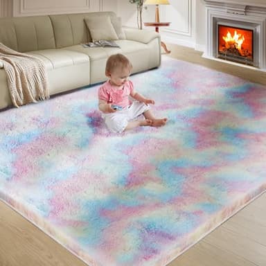 Fluffy Colorful Rug for Living Bedroom, Rainbow Fluffy Soft Plush Area Rugs for Girls Bedroom, Fuzzy Nursery Rug for Baby's Toddler's，Clorful Room Decor for Teenage, Easy-Cleaning, Non Shedding, 3X4 - Image 9