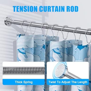 TEECK Shower Curtain Rod, 32-80 inch Adjustable Spring Tension Curtain Rod, Never Rust Anti-Slip Shower Curtain Rod for Bathroom, No Drilling, Never Collapse, Easy to Use, Silver - Image 2