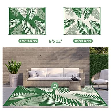 GENIMO Outdoor Rug 9' x 12' Waterproof for Patios Clearance, Reversible Outdoor Plastic Straw Camping Rug Carpet, Large Area Rugs Mats for RV, Picnic, Backyard, Deck, Balcony, Porch, Dark Green&White - Image 2
