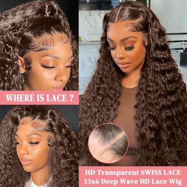 200 Density Chocolate Brown Lace Front Wig Human Hair 30 Inch 13x6 HD Deep Wave Lace Front Wigs Human Hair Colored Deep Curly Lace Frontal Wigs Glueless Wig for Woman Pre Plucked with Natural Hairline - Image 2
