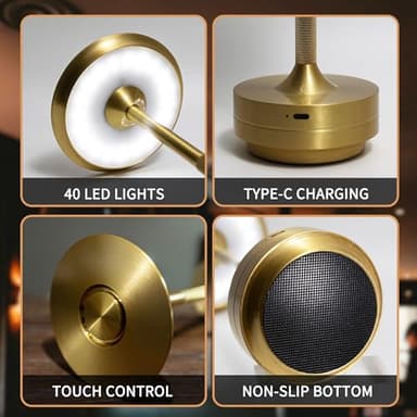 LUSHARBOR Cordless Table Lamp, 5200mAh Rechargeable Battery Operated Desk Lamp, 3-Color Stepless Dimming Touch LED Bedside Light for Restaurant Bedroom Gold-2Pack - Image 9