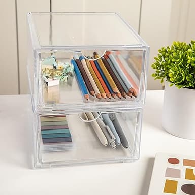 Martha Stewart Brody Desk Organizer with Drawer, Stackable Plastic Desk Storage Box, Organizer for Office, Bathroom, Countertop or Dorm, 6" x 7.5", 2 Pack, Clear - Image 1