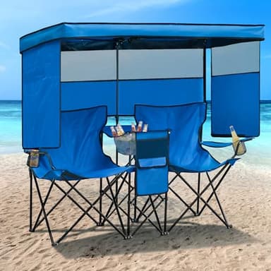 WTVIDAS Double Beach Chair with Canopy Shade Heavy Duty Camping Chairs with Cup Holder Folding Loveseat for Outside Lawn - Image 1