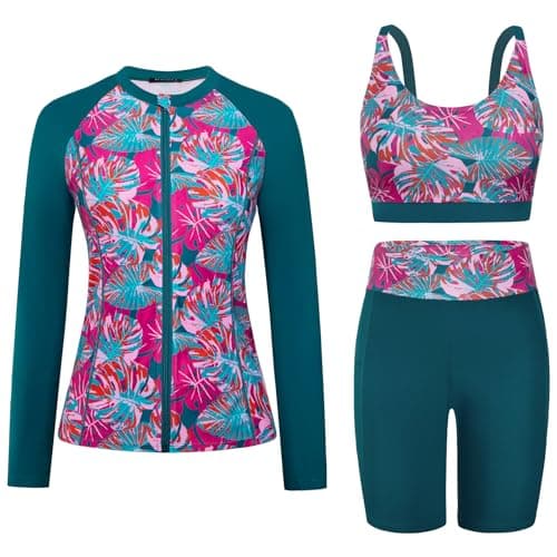 Arolina Rash Guard for Women Modest Long Sleeve Swimsuits Full Coverage Bathing Suits Over 50 Red Leaves L - Image 1