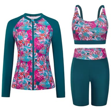 Arolina Rash Guard for Women Modest Long Sleeve Swimsuits Full Coverage Bathing Suits Over 50 Red Leaves L - Image 1