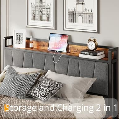 LIKIMIO King Bed Frame with 4 Storage Drawers, Platform Bed with Charged Headboard, Sturdy and Stable, No Noise, No Box Spring Needed, Easy to Install, Vintage Brown and Gray - Image 3