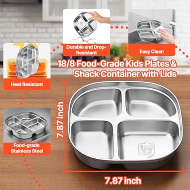Hyperzacc Stainless Steel Kids Plates,Set of 4 Toddler Plates with Lids - 4 Compartments Stainless Steel Snack Container for Kids Non Toxic & 100% BPA Free - Image 2