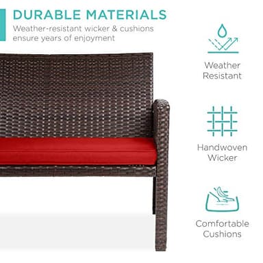 Best Choice Products 4-Piece Outdoor Wicker Patio Conversation Furniture Set for Backyard w/Coffee Table, Seat Cushions - Brown/Red - Image 3