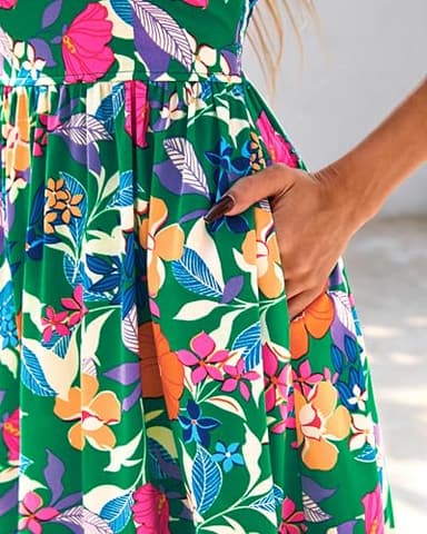 dowerme Summer Dresses for Women 2025 Casual Ruffle Smocked Tiered A-Line Boho Floral Maxi Beach Sun Dress with Pockets(Green Orange Flower,Large) - Image 6